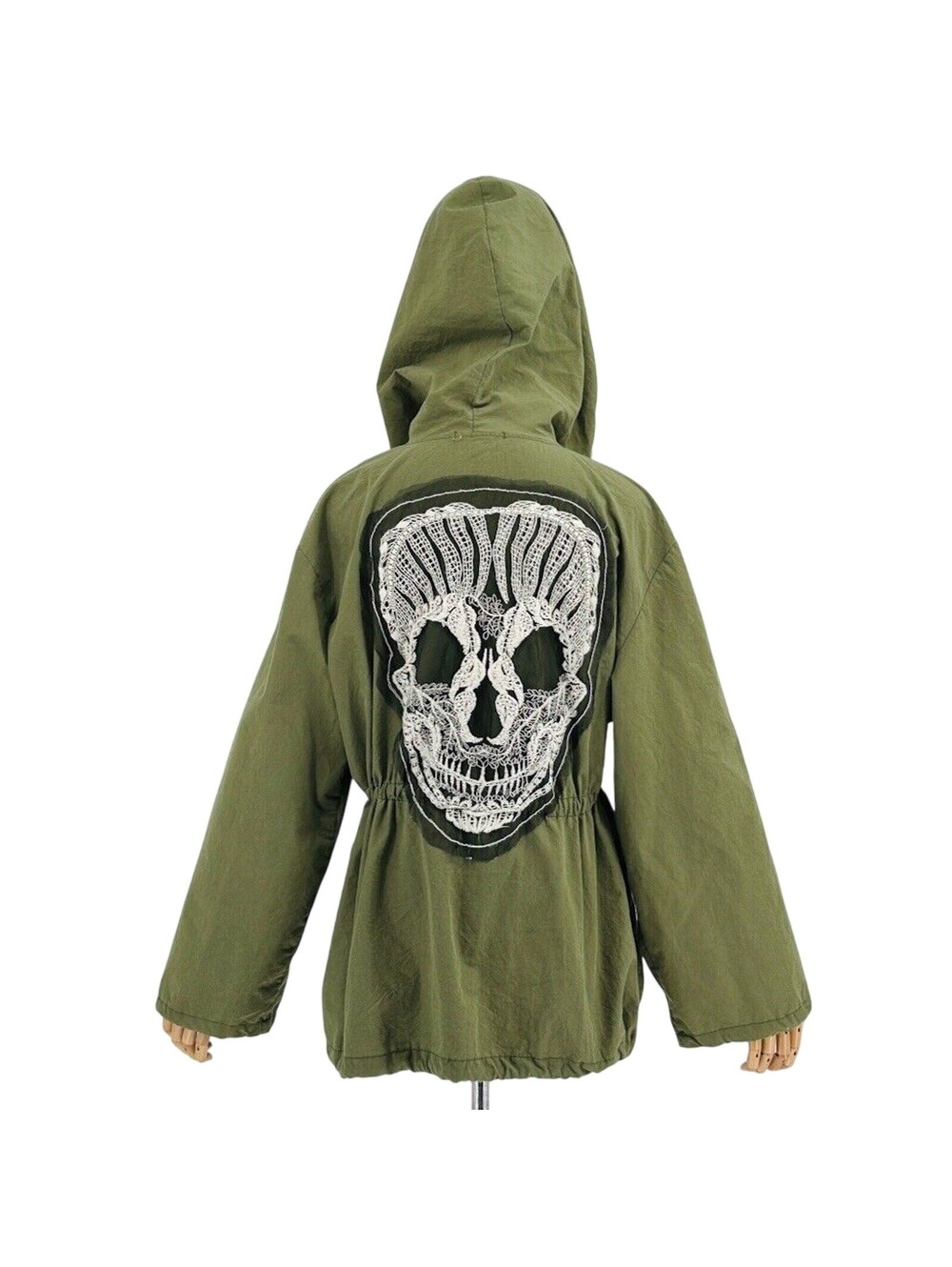 Dark Green Khaki Skull Embroidery Hooded Anorak Jacket